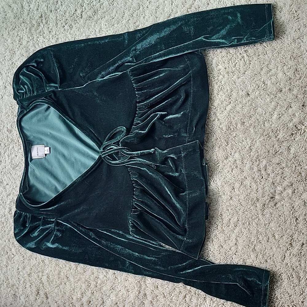 Maeve Green Velvet Peplum Long Sleeve Womens Small Holiday Top